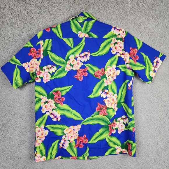 Vtg Hilo Hatties Hawaiian Shirt Mens L Blue Floral Camp Polyester Aloha 90s USA - Picture 2 of 7